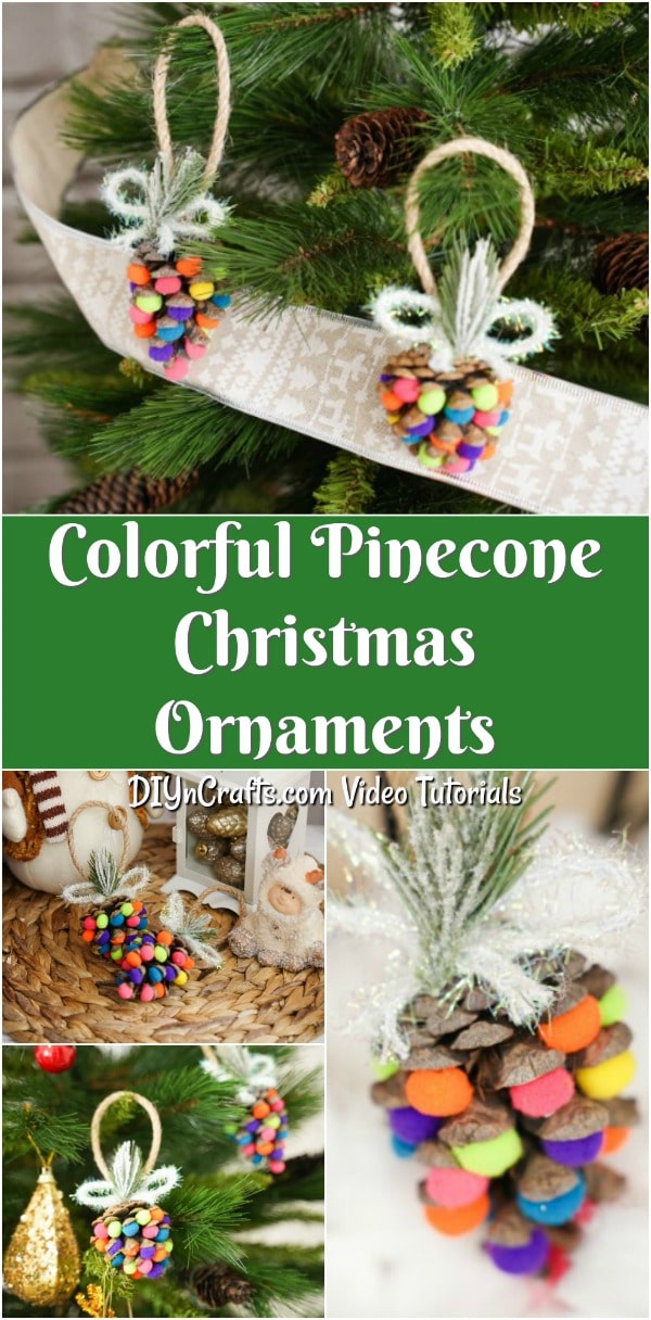Large collage image of colorful pinecone ornaments being displayed