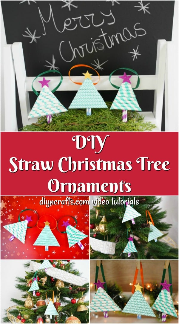 A collage image of paper Christmas trees hanging up made from paper straws