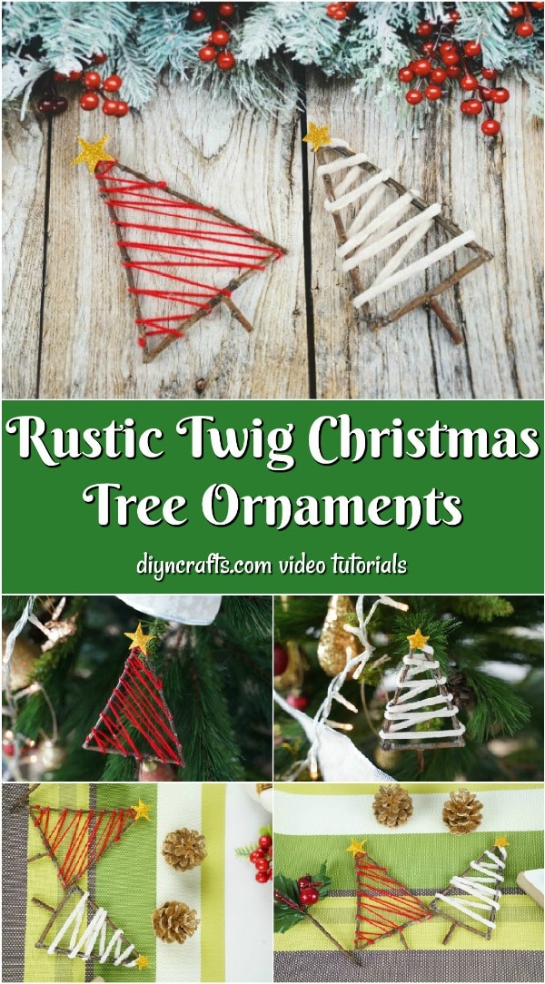 Rustic Twig Christmas Tree Ornaments collage of them displayed