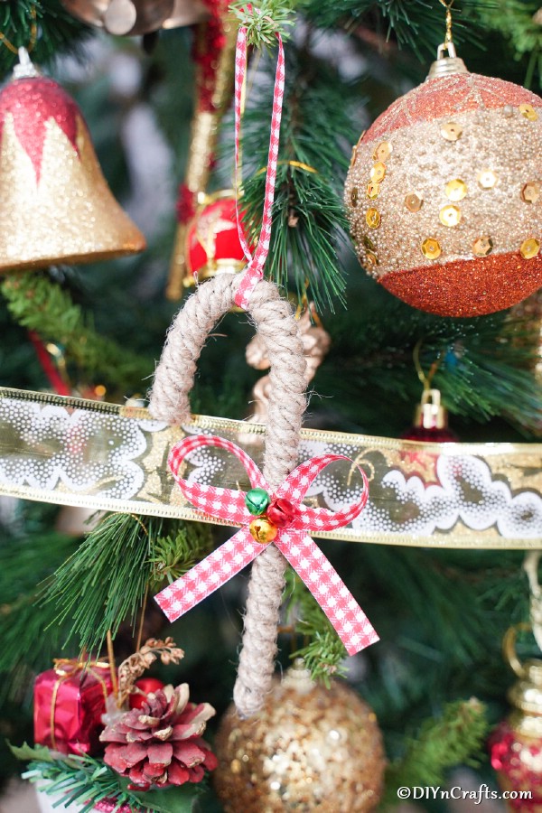 Candy cane ornament hanging on the tree