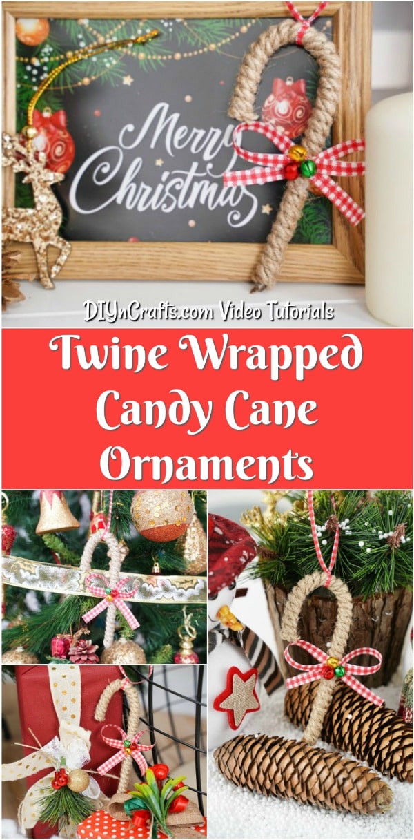 Collage image of a rustic candy cane ornament being displayed