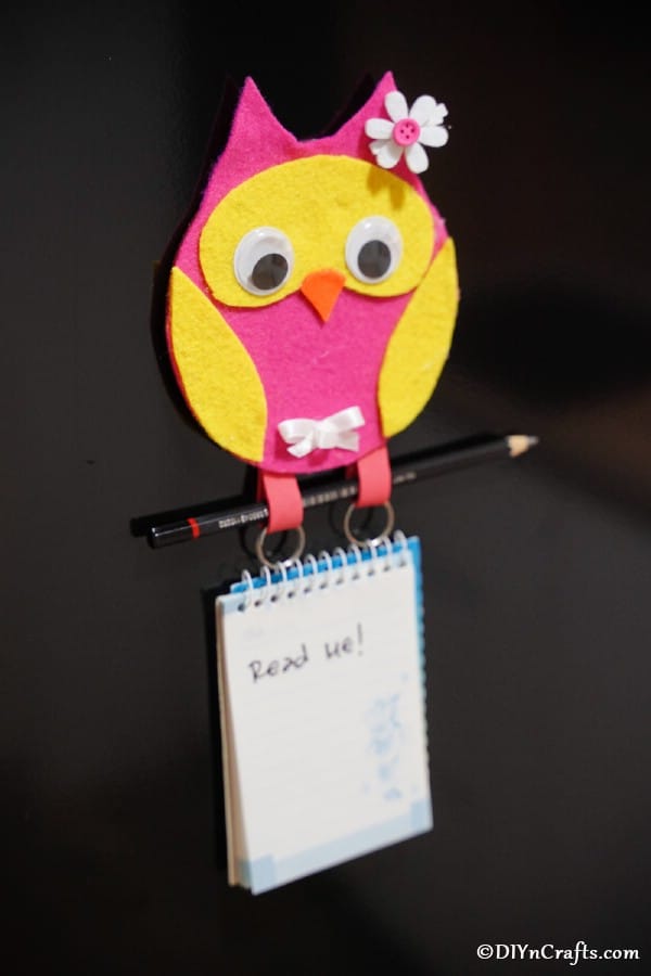 Upcycle CD Owl Message Pad Holder sur réfrigérateur noir