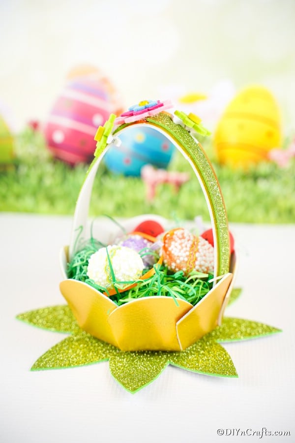 Easter basket in front of Easter background