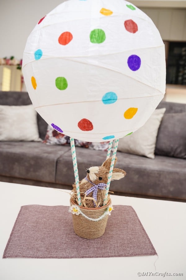 Easter hot air balloon on table by couch