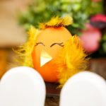 Easter egg chicken craft behind white fence