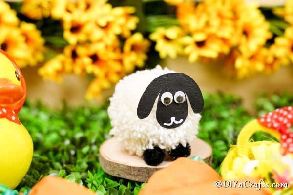 Pom pom sheep in front of yellow flowers