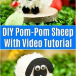 Yarn pom pom sheep on wood slice with Easter decor