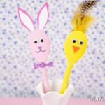 Wooden spoon bunny and chick by floral background