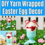 Yarn wrapped easter egg in blue egg cup