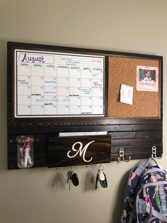 Large Dry Erase Calendar and Cork Board Command Center with Mason Jar, Mailbox and Hooks