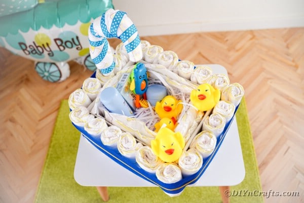 Diaper cake on an end table