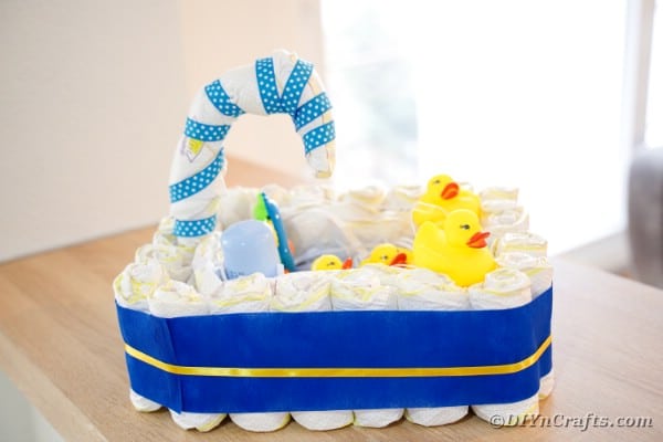 Diaper cake on an end table