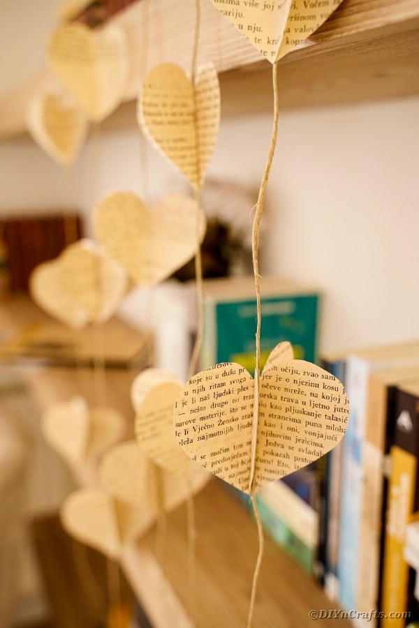 Heart garland hanging by bookshelf