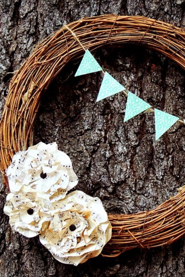 Grapevine wreath with paper flowers