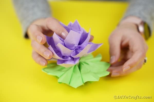 Gluing flower to leaves