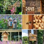 Collage photo featuring bee hotels.