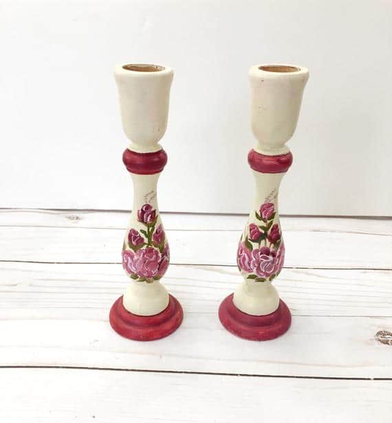Pair of Tole Painted Wood Candlestick Holders, Cream with Pink Trim and Flowers
