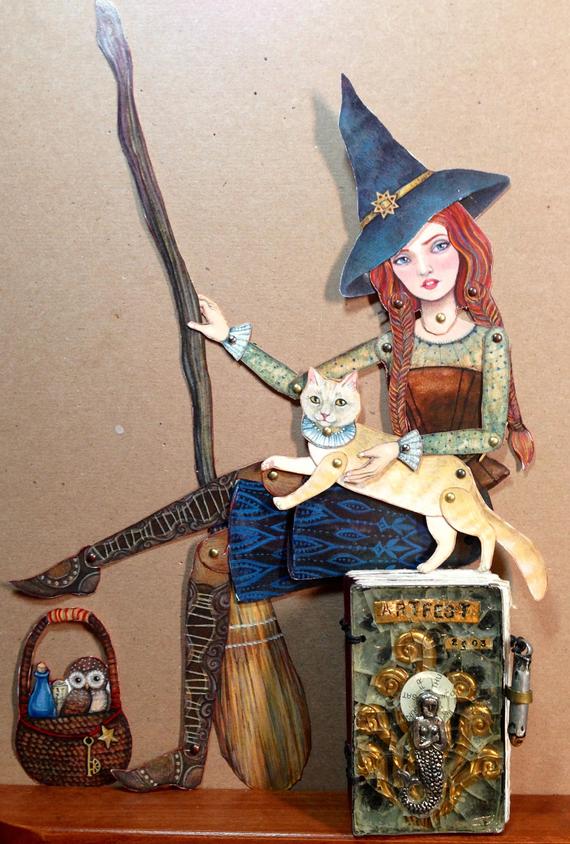 Good Witch, Lazy Owl and Yellow Cat Jointed Paper Dolls Kit
