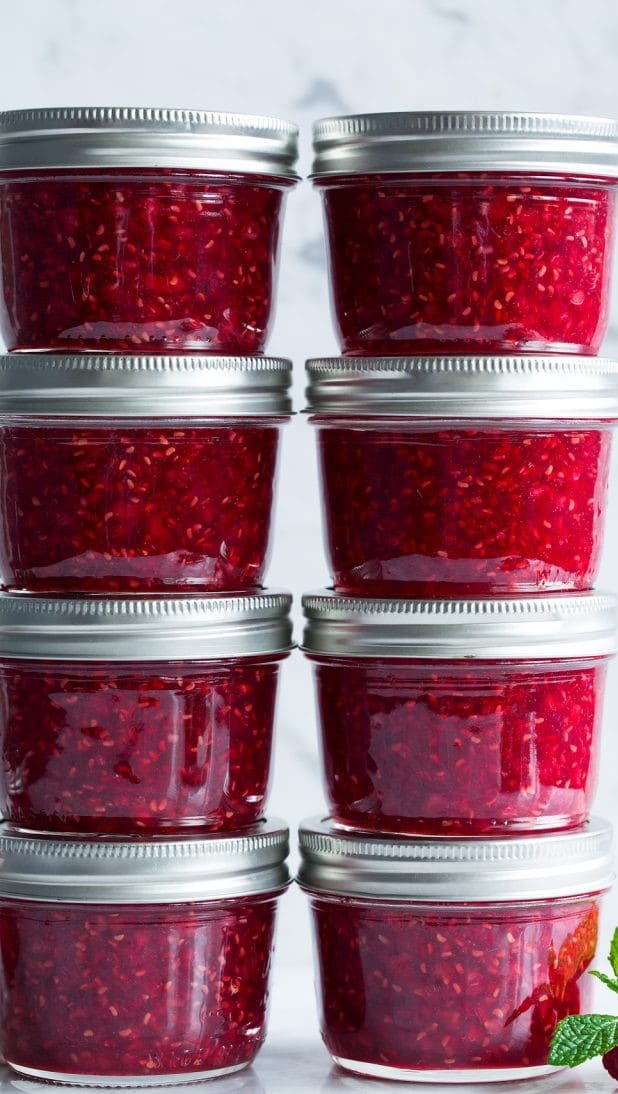 Raspberry jam in mini mason jars