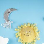 Sun and moon decoration on blue wall with clouds