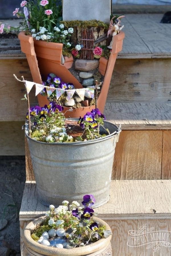 Old flower pot fairy gardens