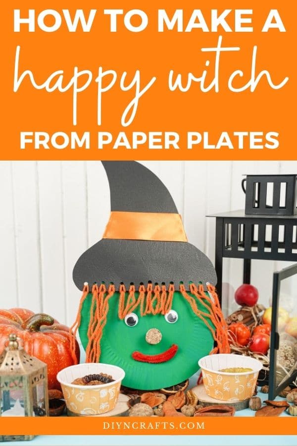 Paper plate witch face with Halloween decorations