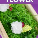 Ribbon flowers in box with fake grass