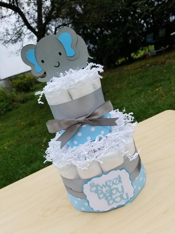 2 Tier Diaper Cake Blue Elephant Theme Diaper Cake for Baby | Etsy