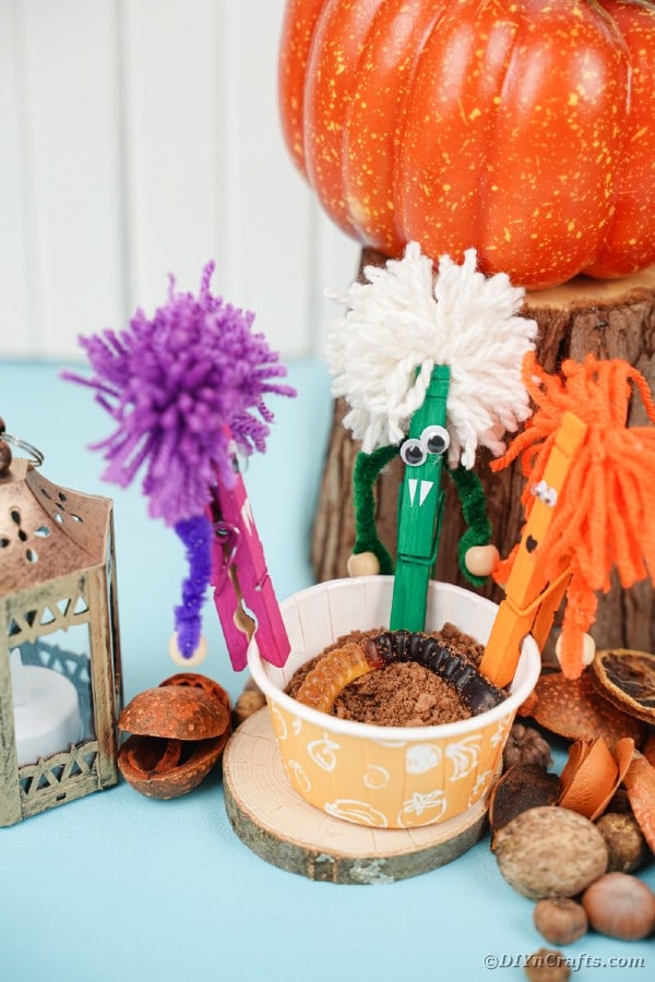 Clothespin monsters with Halloween decor
