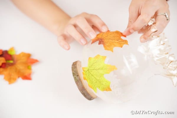 Gluing leaves to jar