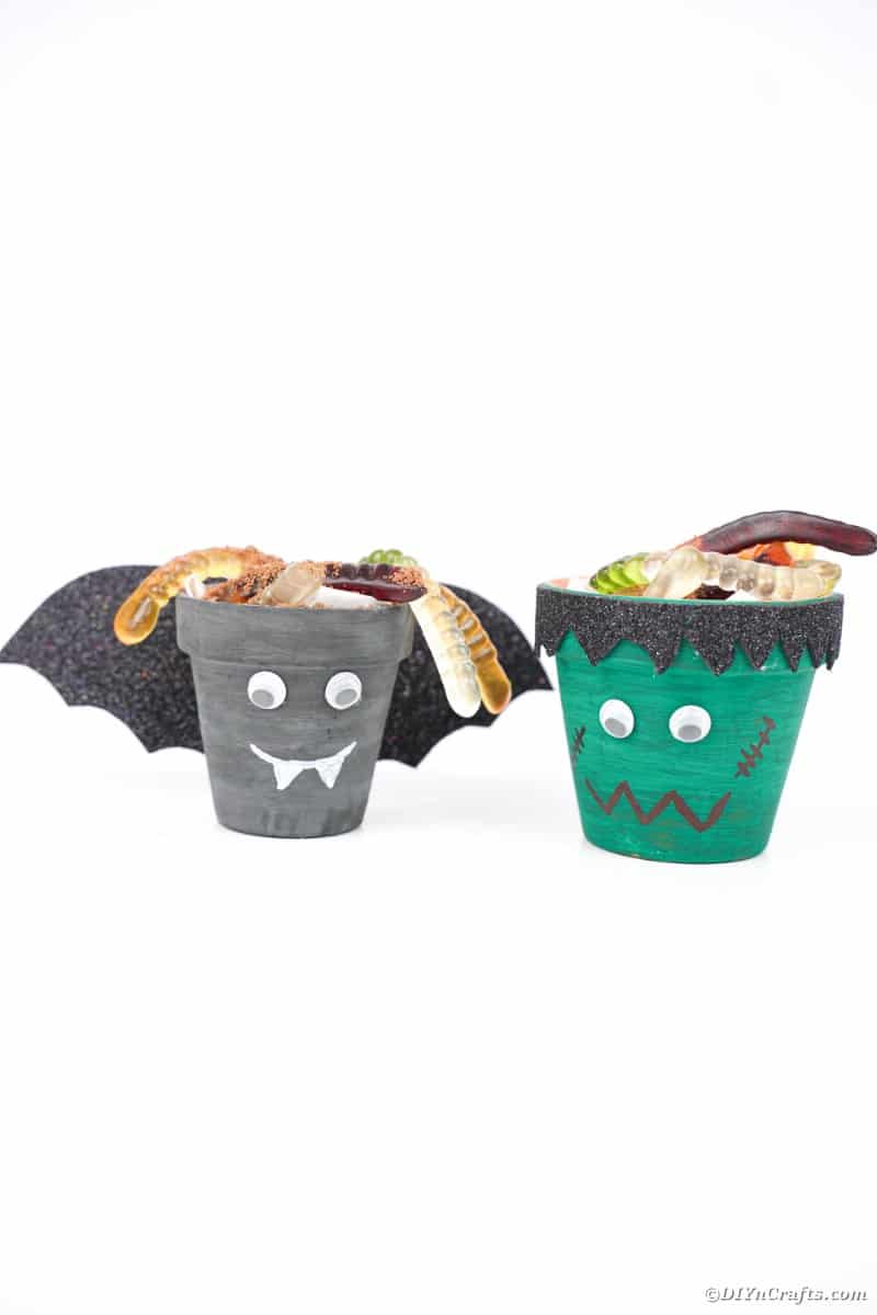 Flower pot Halloween characters on white table