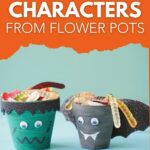 Flower pot Halloween characters on blue table