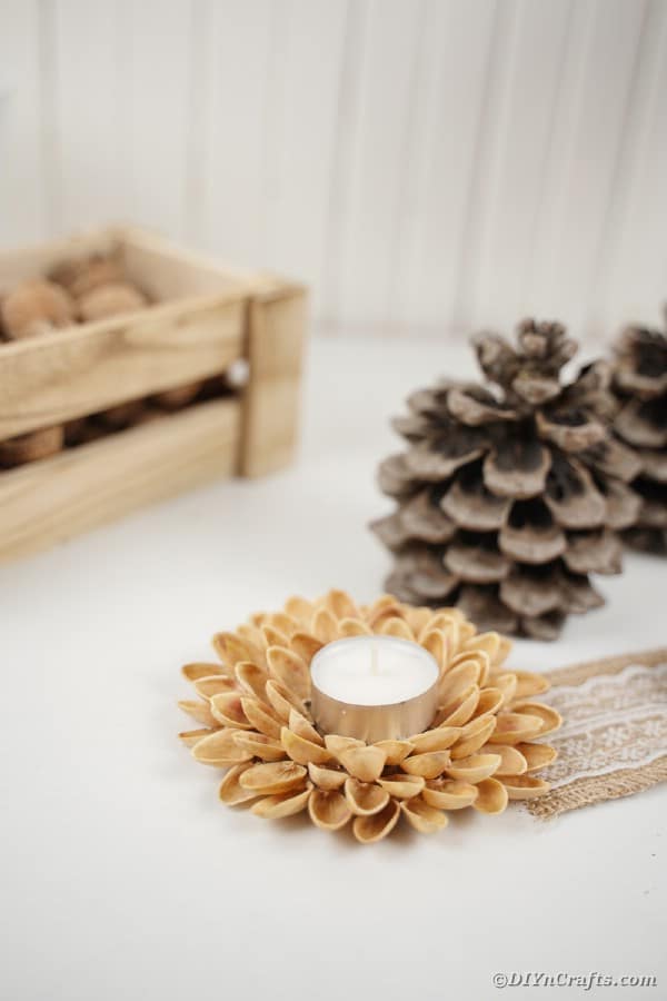 Pistachio candle holder by wooden box