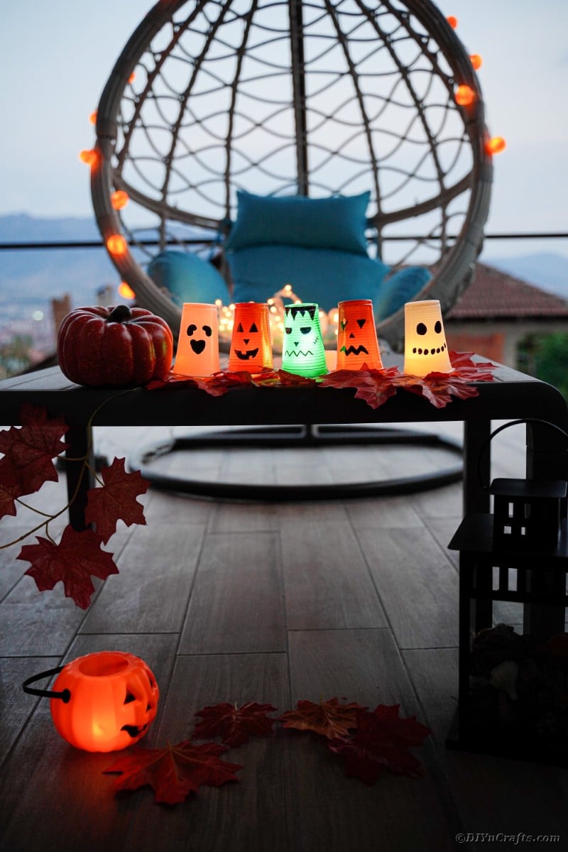 Halloween lanterns on table outside
