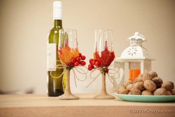 Wedding stemware on table with wine