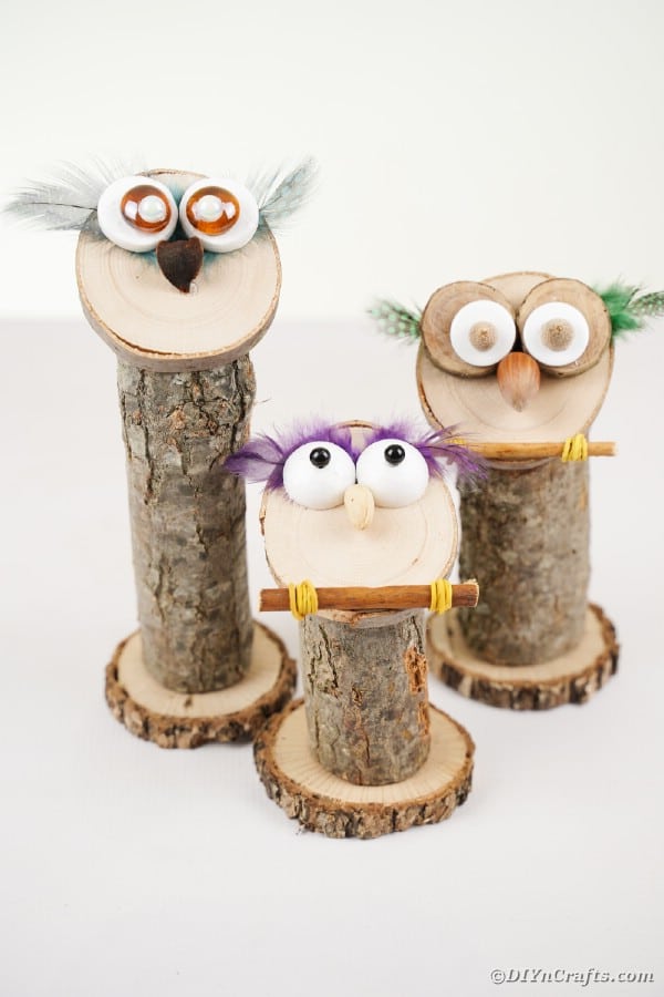 Trio of wooden owls on white table