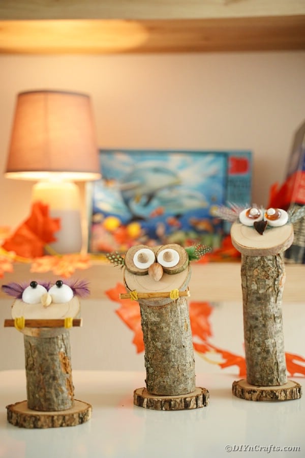 Trio of wooden owls on table