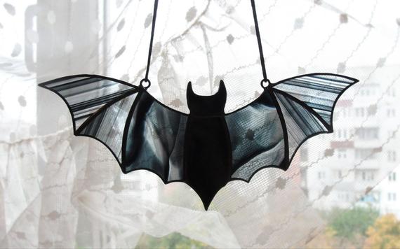 Halloween Window Decoration Black Stained Glass Bat Suncatcher | Etsy