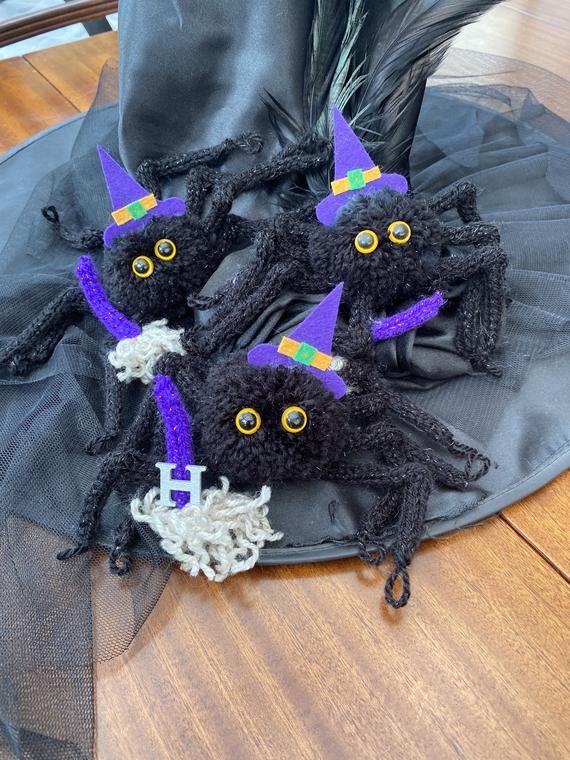 Black Sparkle Knitted Spider Pom Pom Plush Witch Hat and Broom | Etsy