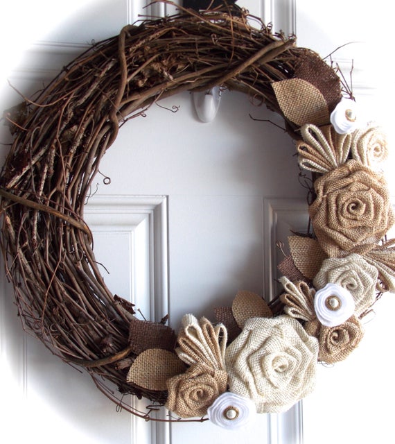 Grapevine wreath with burlap and felt flowers | Etsy