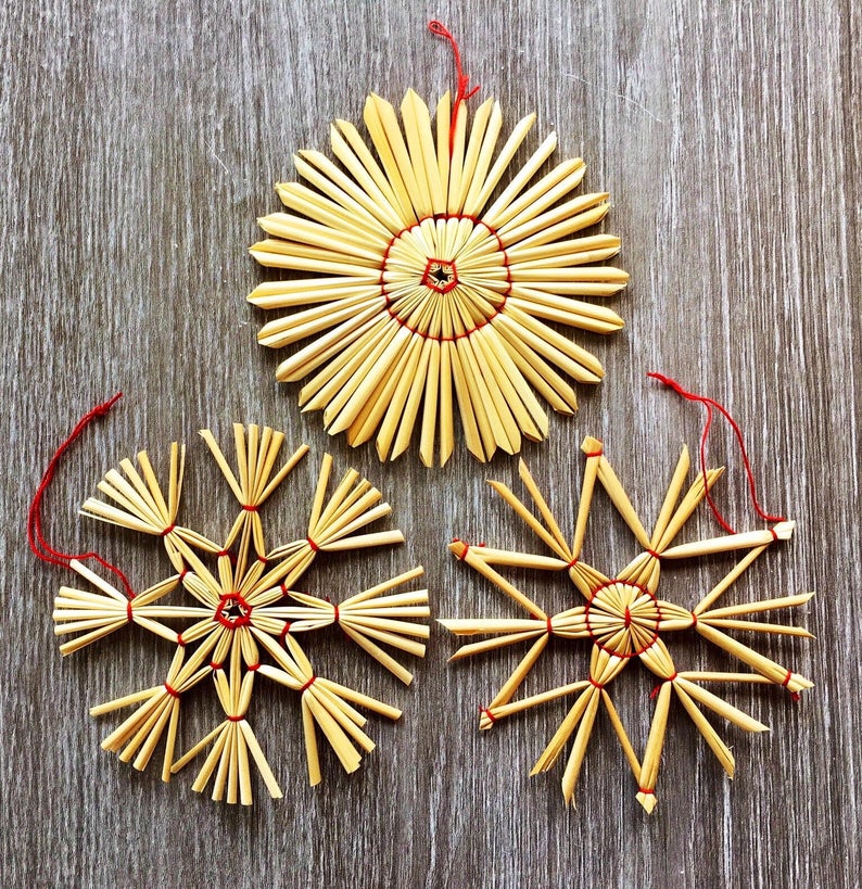Vintage Set of 3 Handmade Scandinavian Straw Snowflakes 