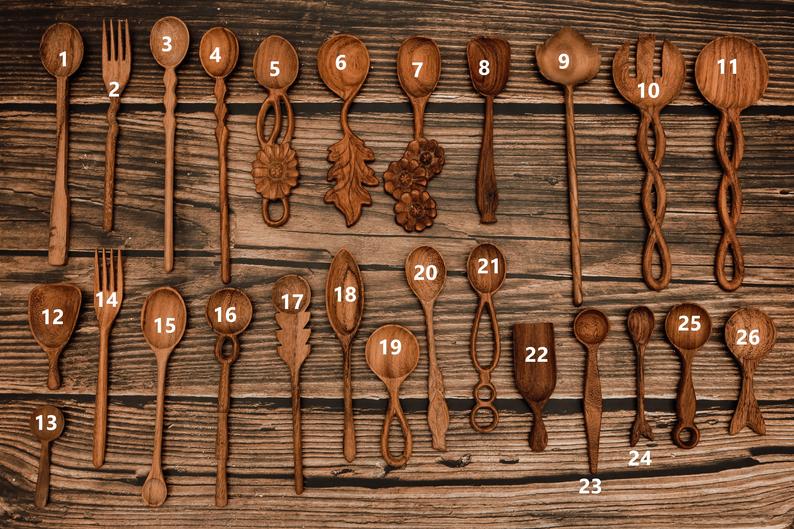 Assorted Design Wooden Spoon, Handcarved Organic Kitchen Utensils