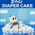 Diaper cake on blue table