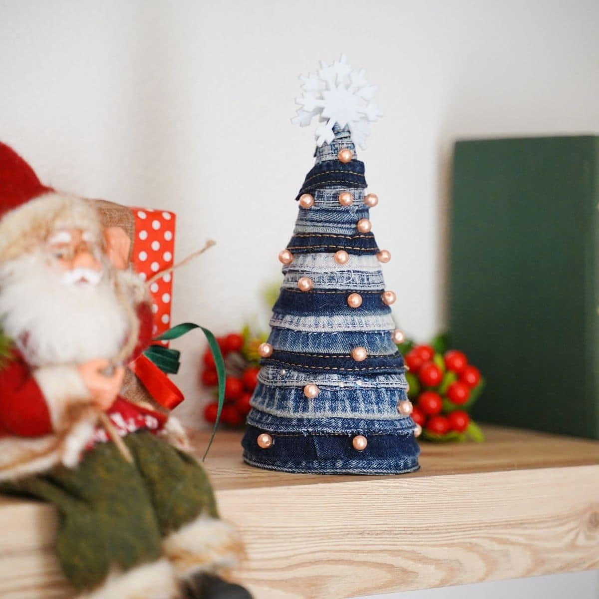 Mini denim tree on shelf