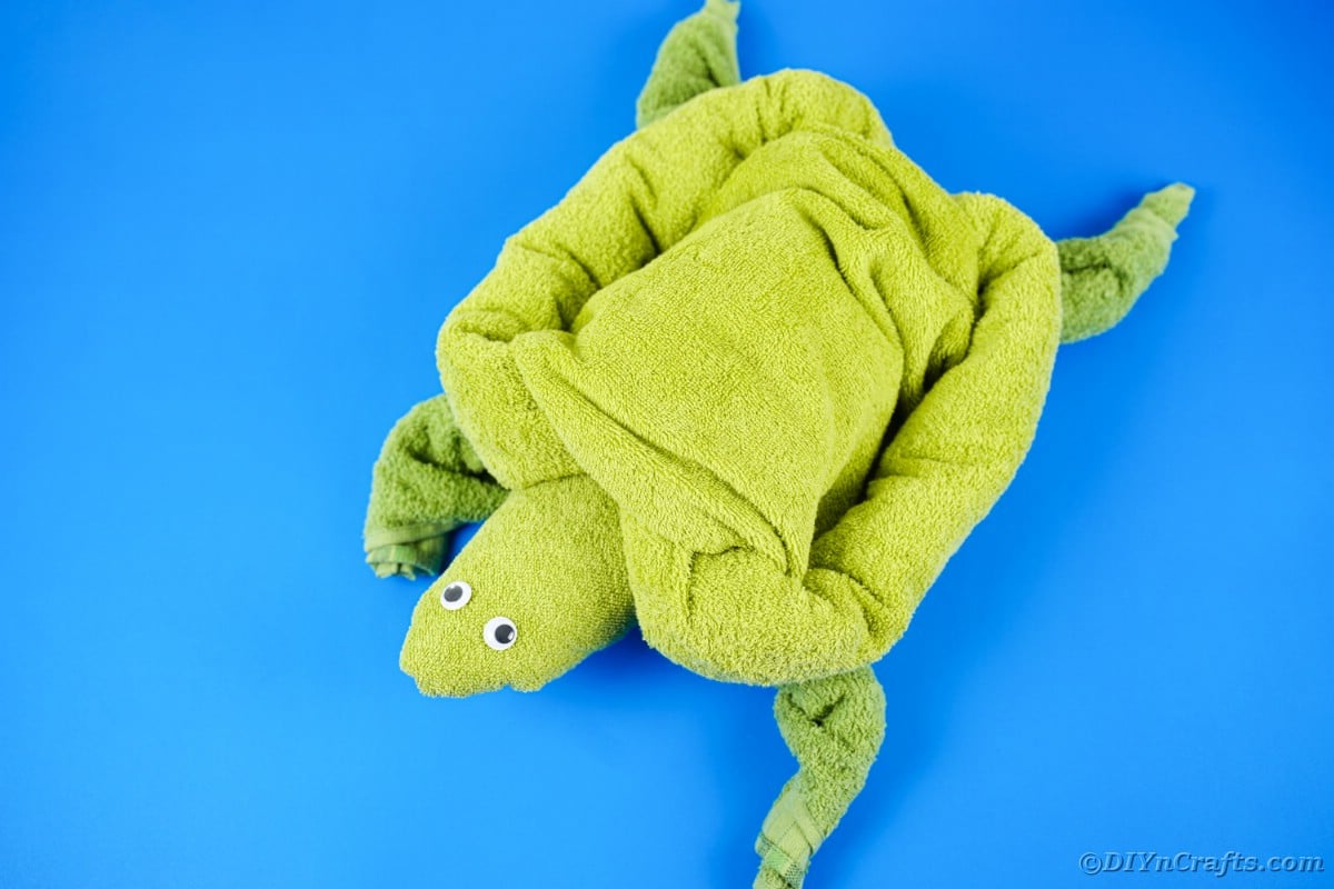 Green turtle towel on blue table