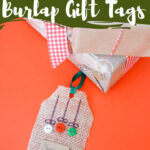 Burlap gift tag on a red background