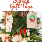 Burlap gift tags hanging in a Christmas tree
