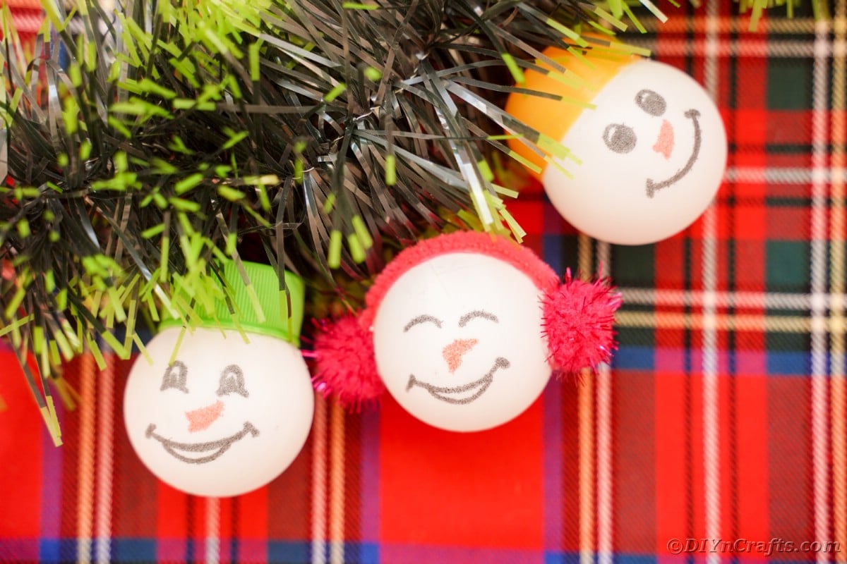 Ping pong ball ornaments on flannel