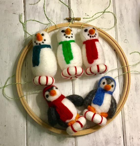 Set of Two-Felt Snowmen Ornaments/Felt Penguins | Etsy