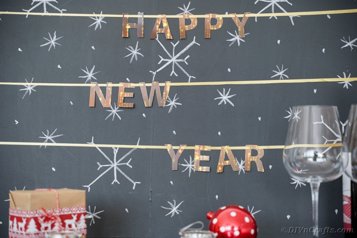 Happy New Year banner on chalkboard